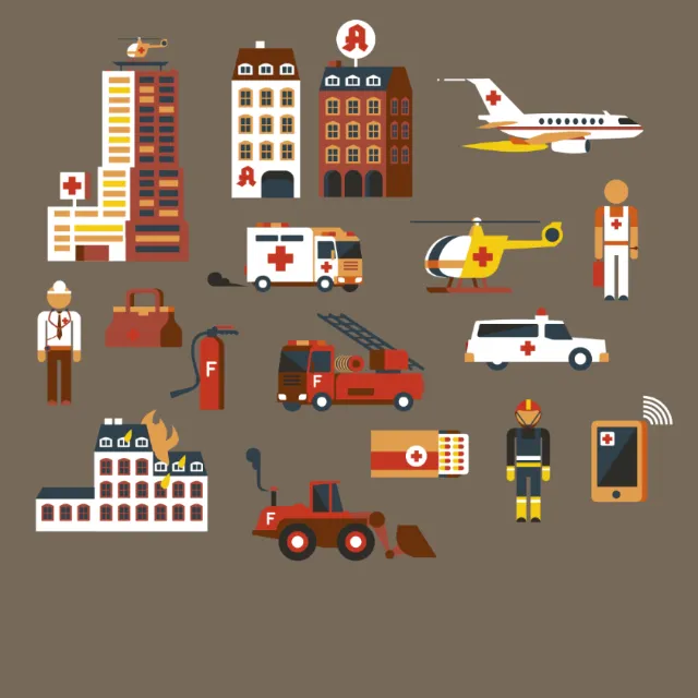Flat style emergency vehicles, buildings, and medical personnel by Tobias Wandres