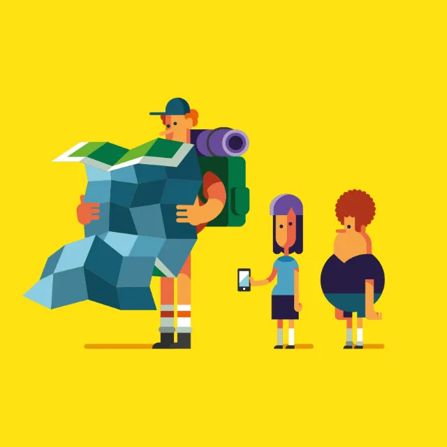 People family with tour map