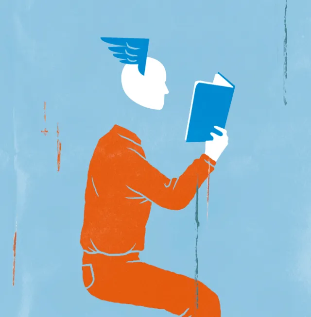 Silhouette of person reading blue book, head replaced by wing, by Tim Weiffenbach