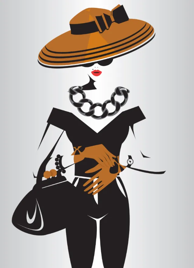 Minimalist fashion illustration of woman with hat, necklace, gloves, and handbag by Yordanka Polegan