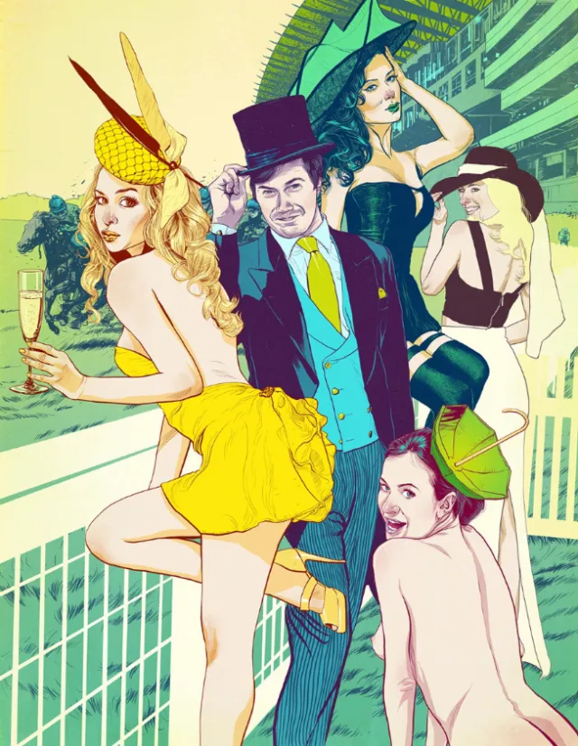 Vintage style group at racecourse with colorful attire by POW!!!