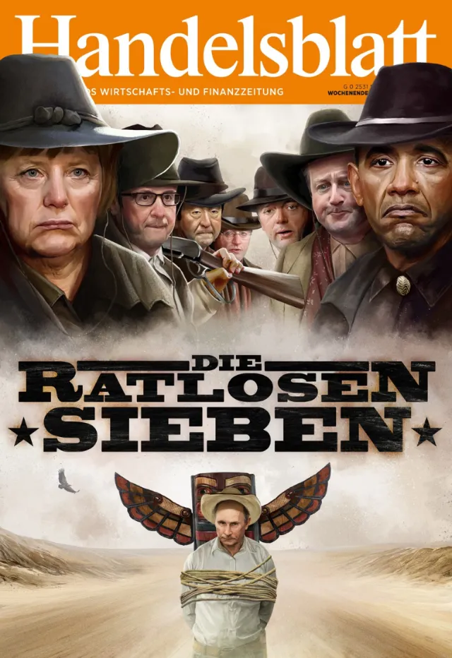 Illustrated movie poster for Die Rattlosen Sieben by POW!!! showing seven characters in western styl