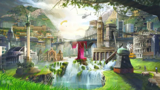Futuristic cityscape with waterfalls and advanced architecture by POW!!!
