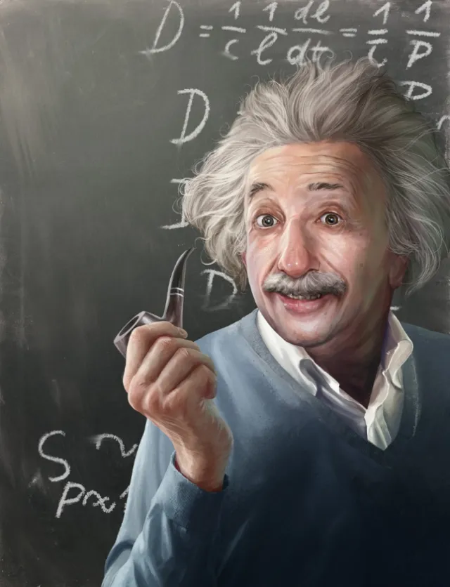 Albert Einstein holding chalk by a blackboard with equations portrait by POW!!!