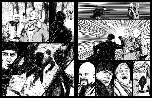 Black and white comic fight scene with intense action and characters by POW!!!