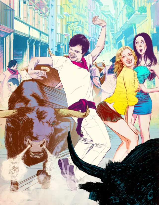 A man dancing in a street with bulls charging past, artwork by POW!!!