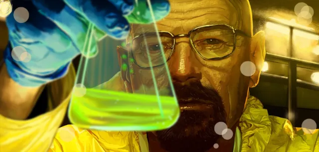 Scientist in yellow suit holding glowing green chemical flask by POW!!!