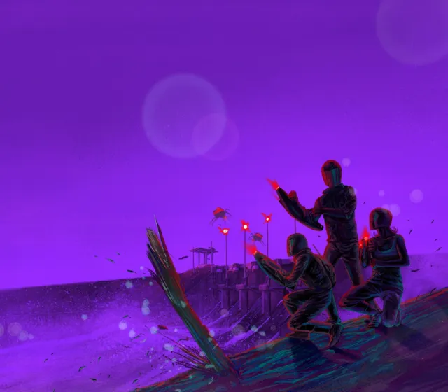 Three silhouetted figures on a hill during a purple sunset by POW!!!