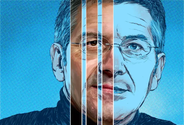 Split layered digital portrait of a middle-aged man, blue background, by POW!!!