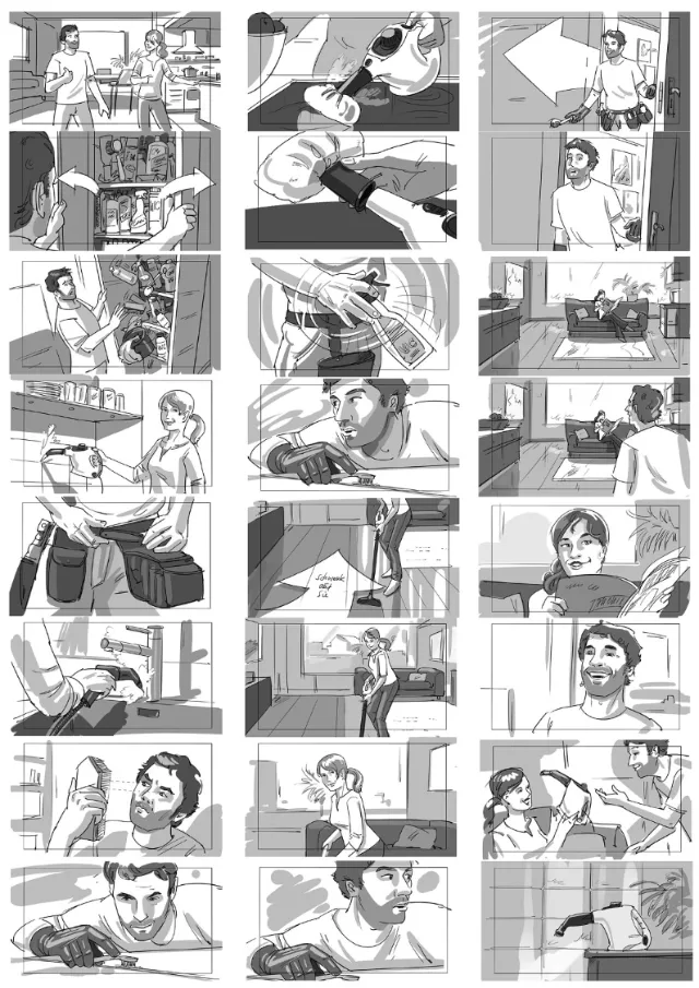 Black and white comic strip panels showing various indoor scenes and interactions by Björn von Schl