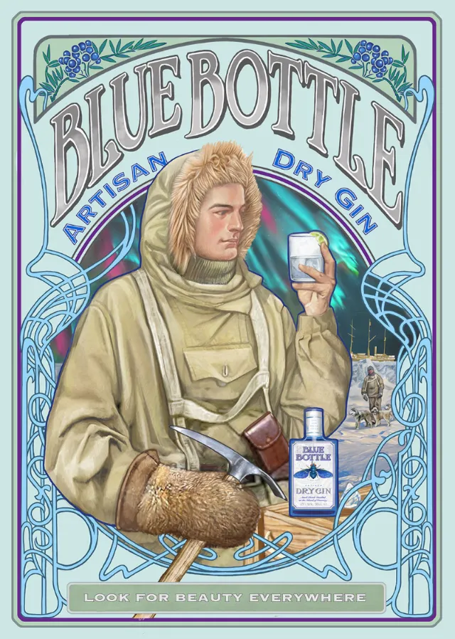 Advertising poster of Blue Bottle Artisan Dry Gin