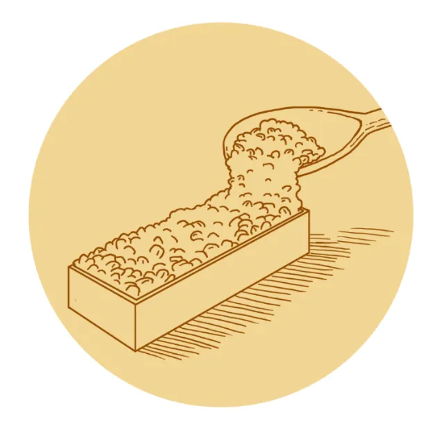 Line art of grains being poured from spoon into wooden box by Andreas Schickert
