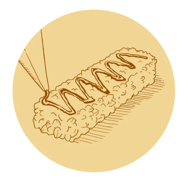 Rice cake being drizzled with sauce, illustration by Andreas Schickert
