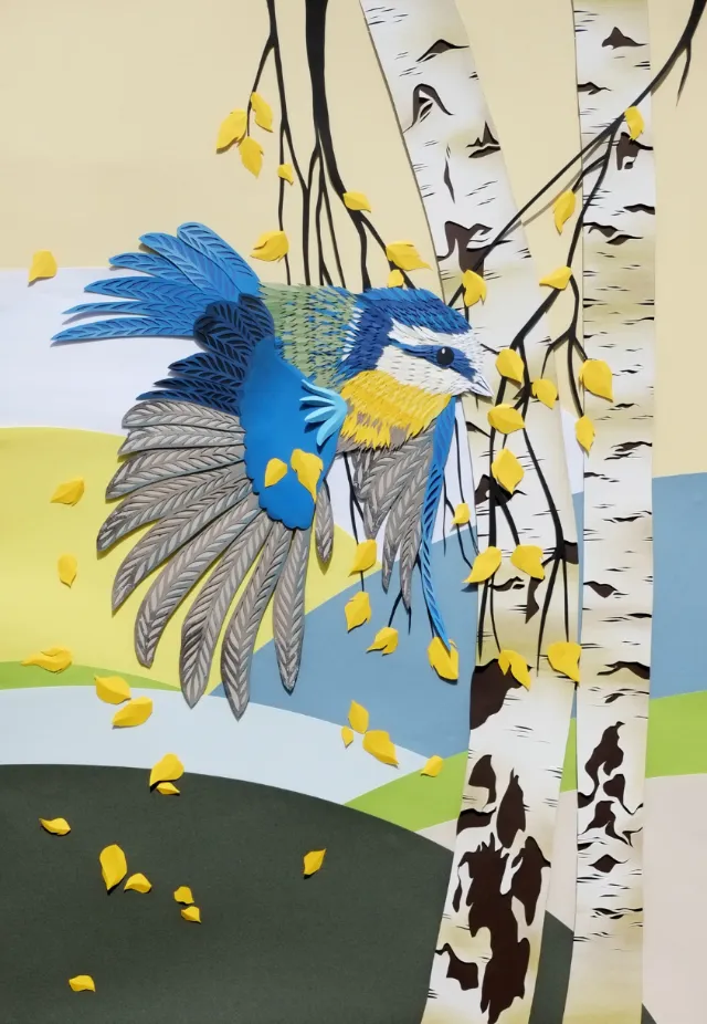 Blue bird flying near birch trees with yellow leaves by Martha von Maydell