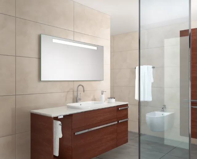 Modern bathroom with wooden vanity and glass shower by Eberhard Reimann