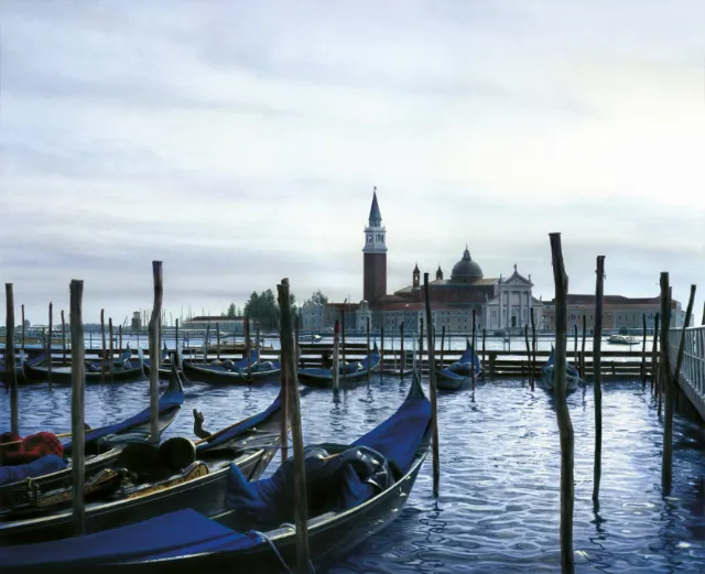 Gondolas on Venetian water with San Giorgio Island and church in background, artist Eberhard Reimann