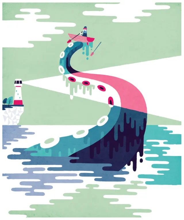 Fisherman on octopus tentacle near lighthouse by Tim Bradford