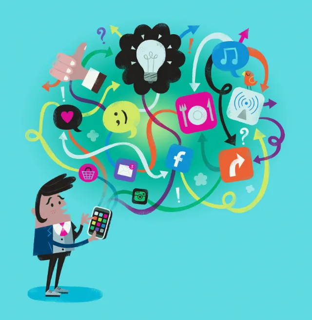 Digital illustration of man with multiple apps