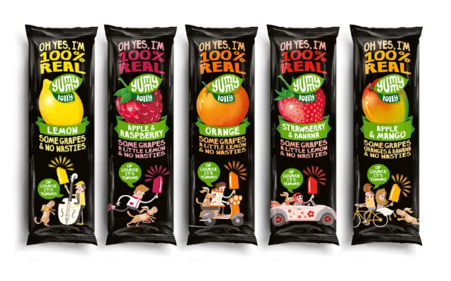 Playful fruit snack packaging design with cartoon design