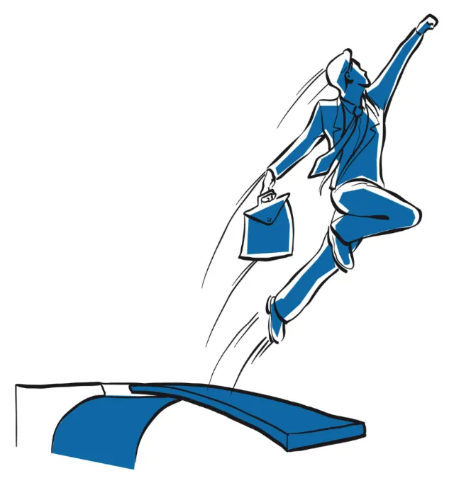 Businessman jumping off diving board holding briefcase by Carsten Mell