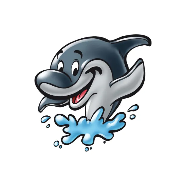 Cheerful cartoon dolphin splashing in water by Carsten Mell