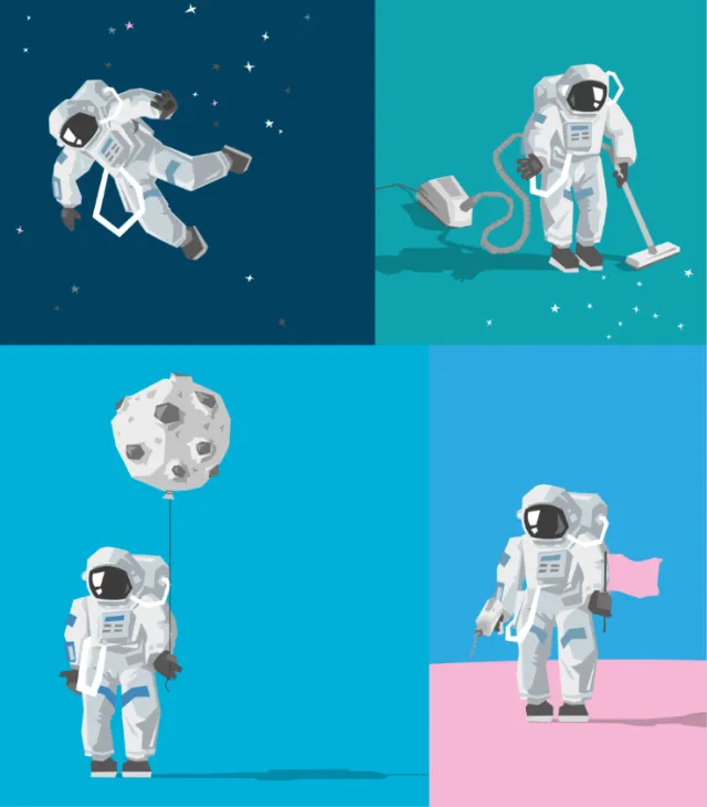 Space-themed illustrations of astronauts with activities by Tobias Wandres