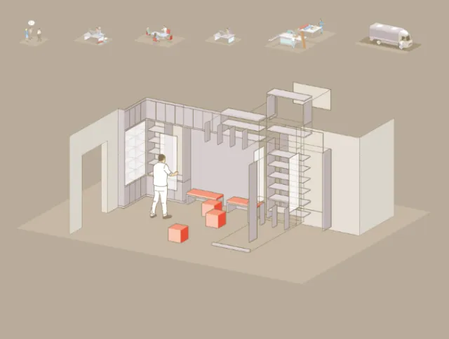Isometric modular workshop design with shelves and furniture by Tobias Wandres