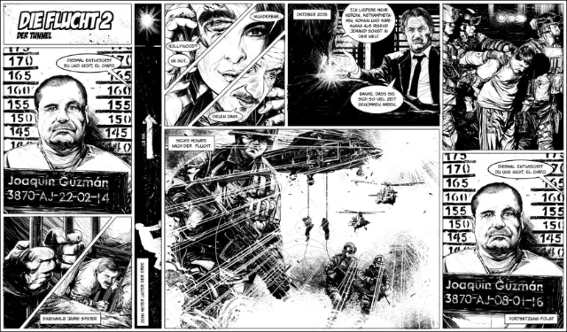 Comic panels showing Joaquín Guzmán mugshots and helicopter escape by POW!!!