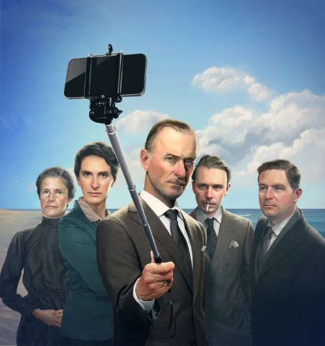 Five people in vintage clothes taking selfie with smartphone on selfie stick by POW!!!