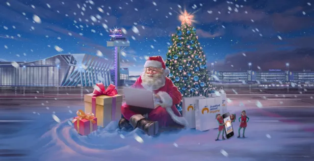 Santa Claus with presents and Christmas tree in snowy night by POW!!!