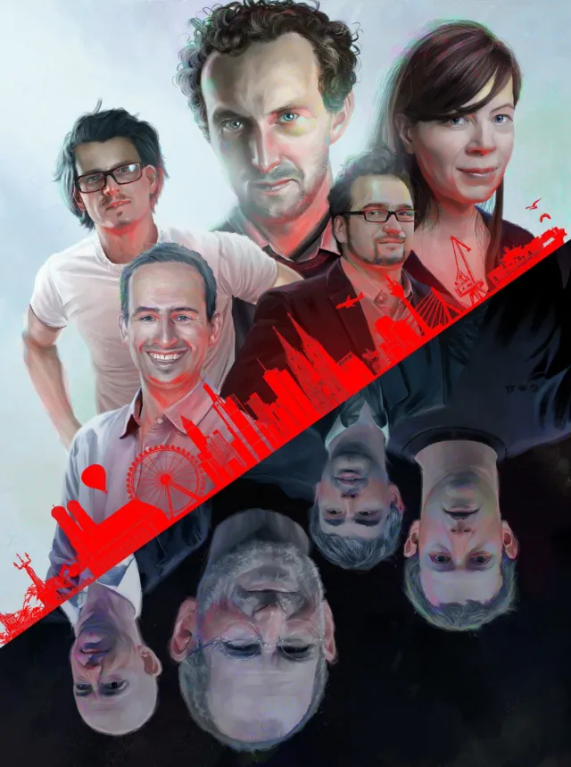 Illustration of two groups of people split vertically by a red cityscape by POW!!!