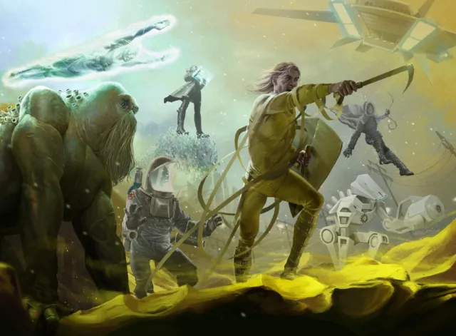 Futuristic battle with soldiers, robots, and alien creatures by POW!!!