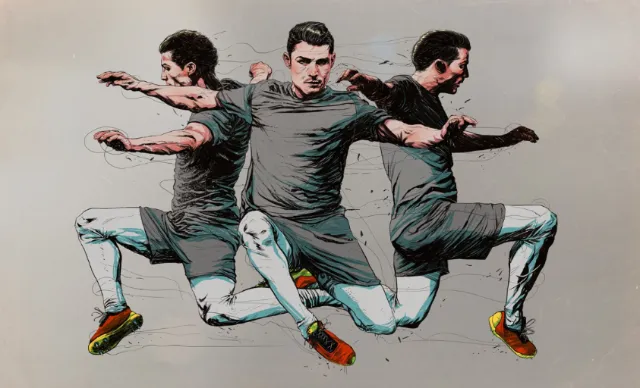 Triple exposure illustration of a male runner jumping, by POW!!!