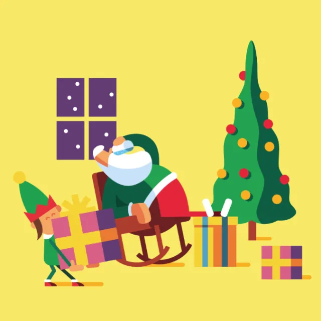 Graphic santa relaxing near christmas tree