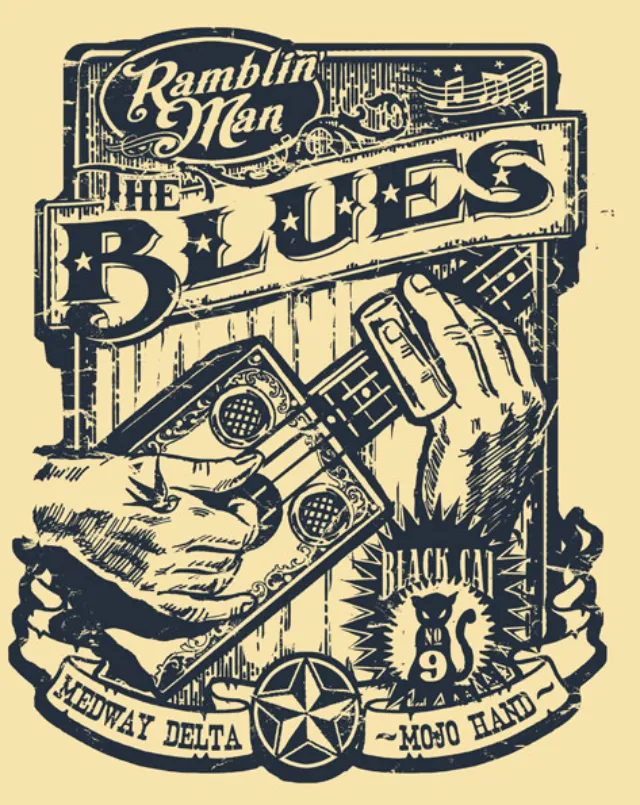 Retro poster design of Ramblin’ Man Fair Blues t shirt