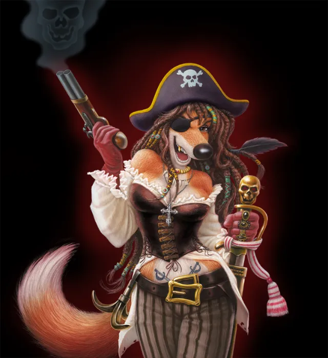 Anthropomorphic fox pirate woman with pistol and parrot skeleton by Kai Klimiont