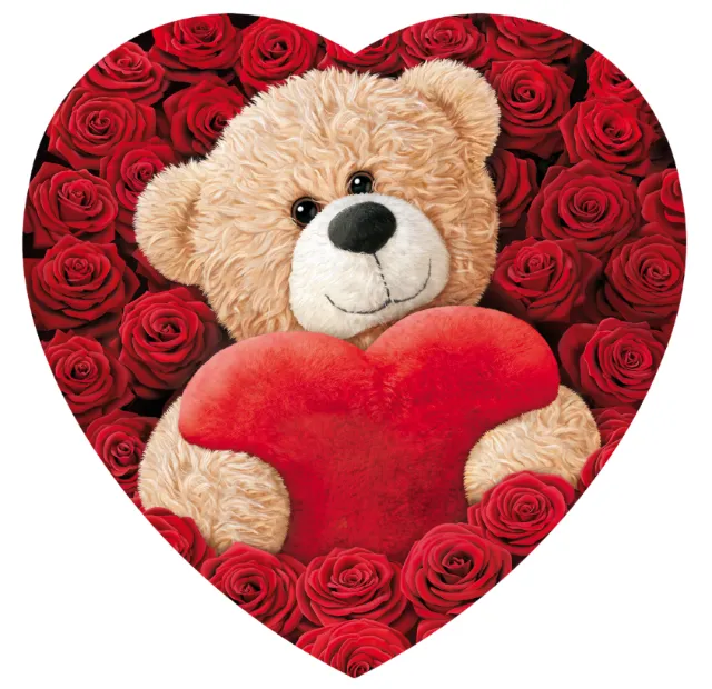Teddy bear holding red heart surrounded by red roses by Kai Klimiont
