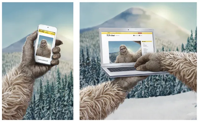 Bigfoot looking at images on smartphone and laptop by Kai Klimiont