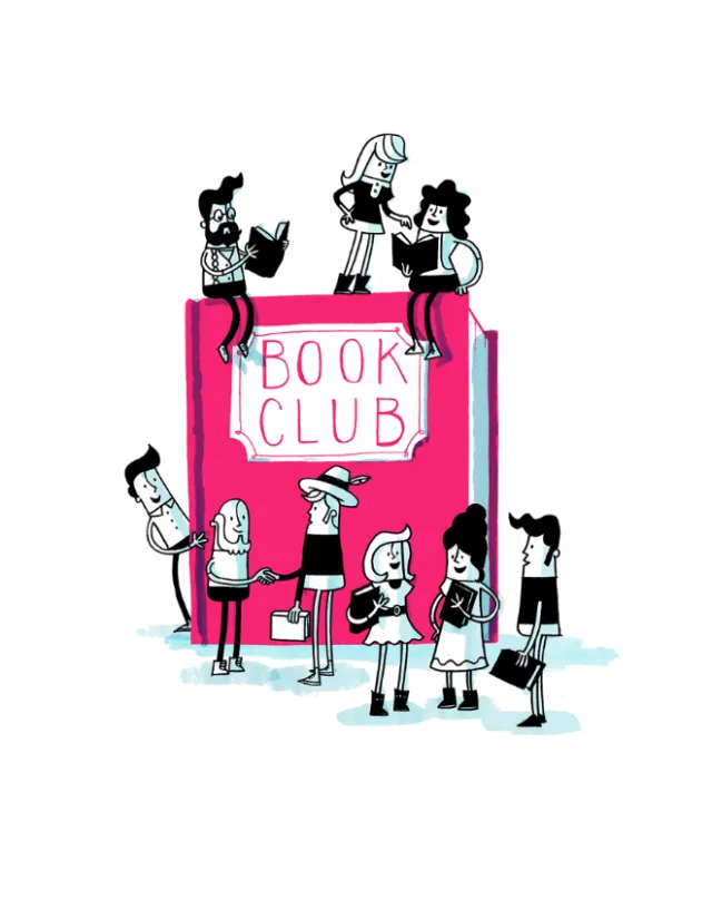 Scene of reading and discussion around giant Book Club book