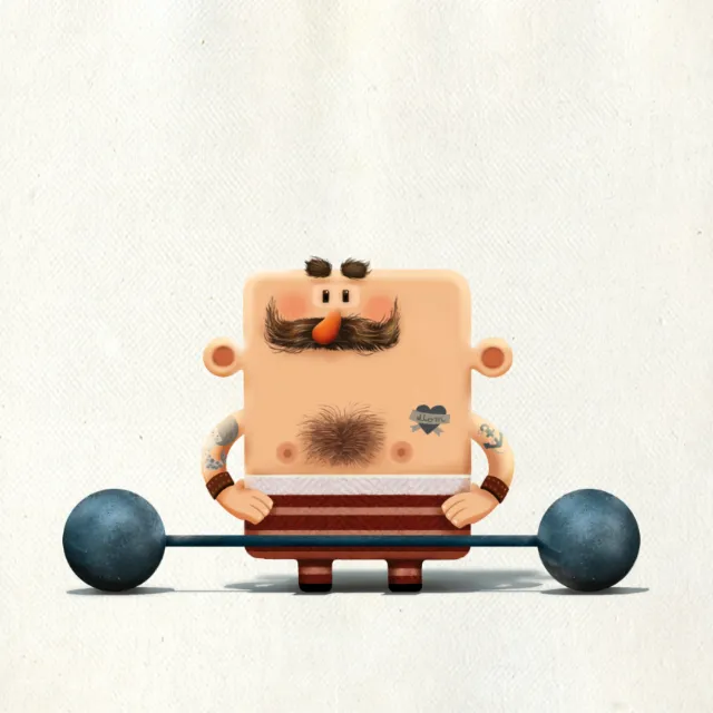 Comic illustration of man ready to weight lift