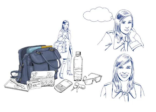 Illustration of woman sketches with bag and personal items by Andreas Schickert
