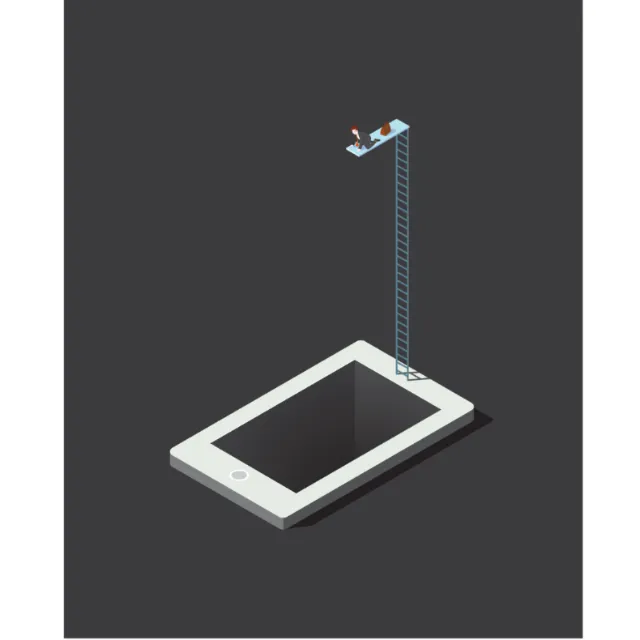 Vector graphic man jumping into iphone