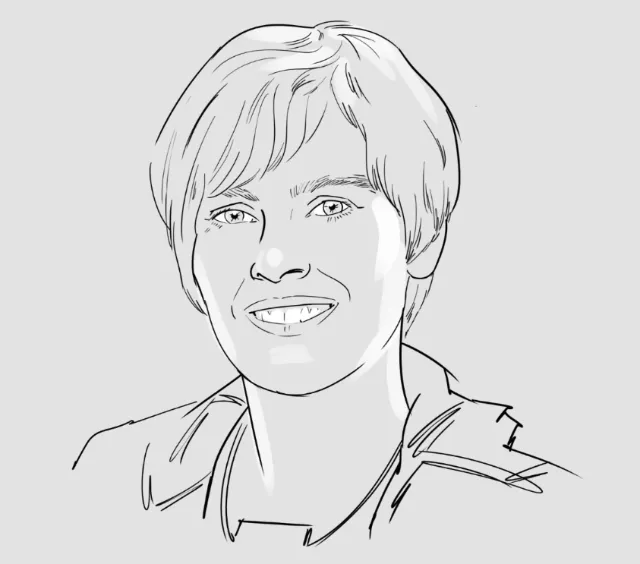 Black and white portrait drawing of a smiling person by Björn von Schlippe