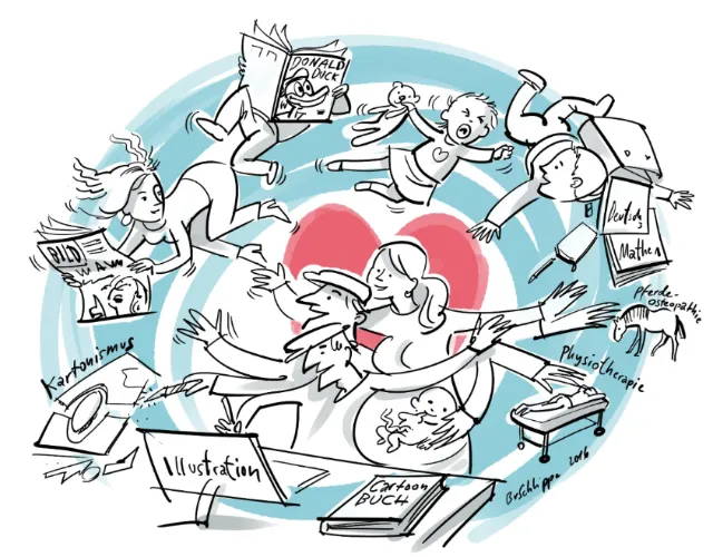 Creative professionals collaborating in dynamic illustration by Björn von Schlippe
