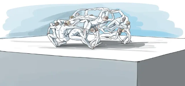 Abstract illustration of human figures forming a complex structure by Björn von Schlippe