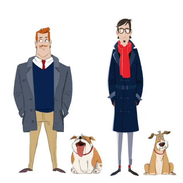Character design of people standing with dogs