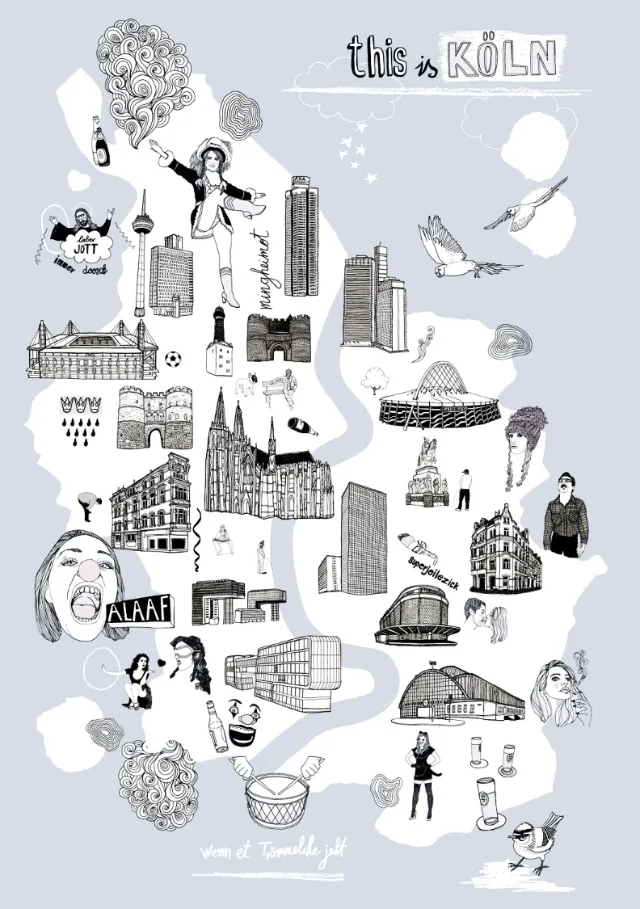 Line art of buildings and people