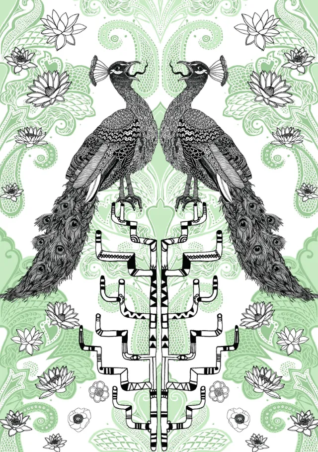 Graphic peacock sitting