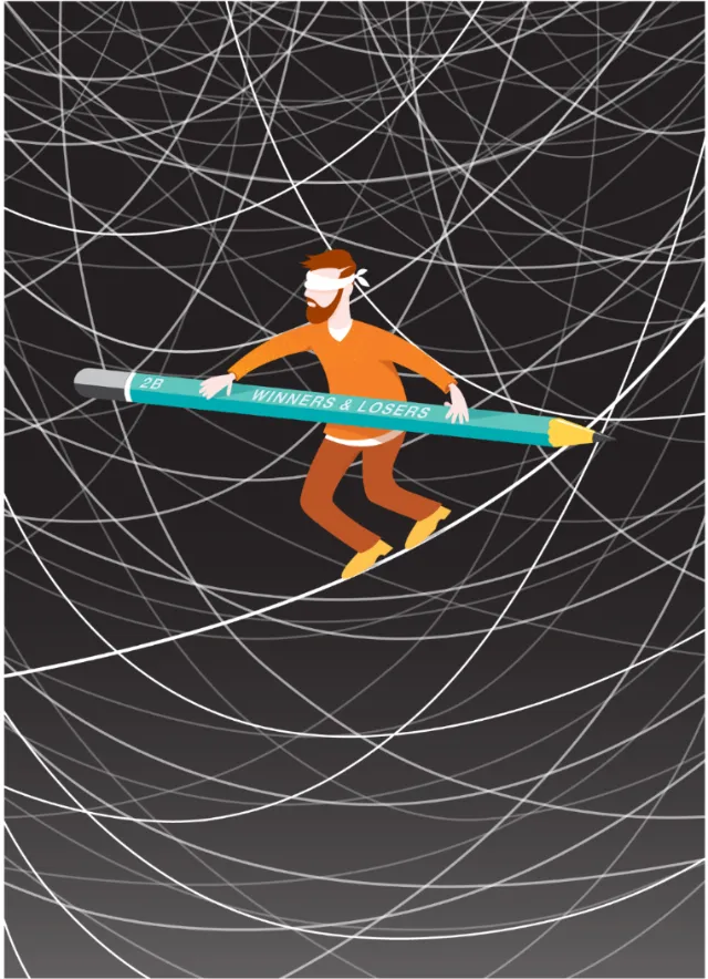 Digital Illustration blindfolded man balancing