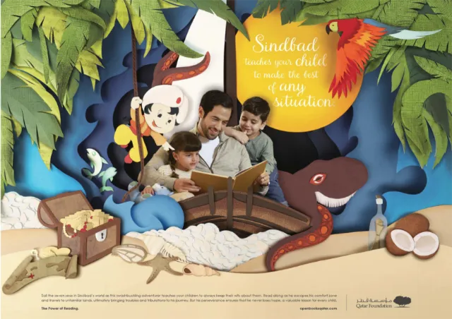 Family reading book with octopus and tropical paper-cut design by Martha von Maydell